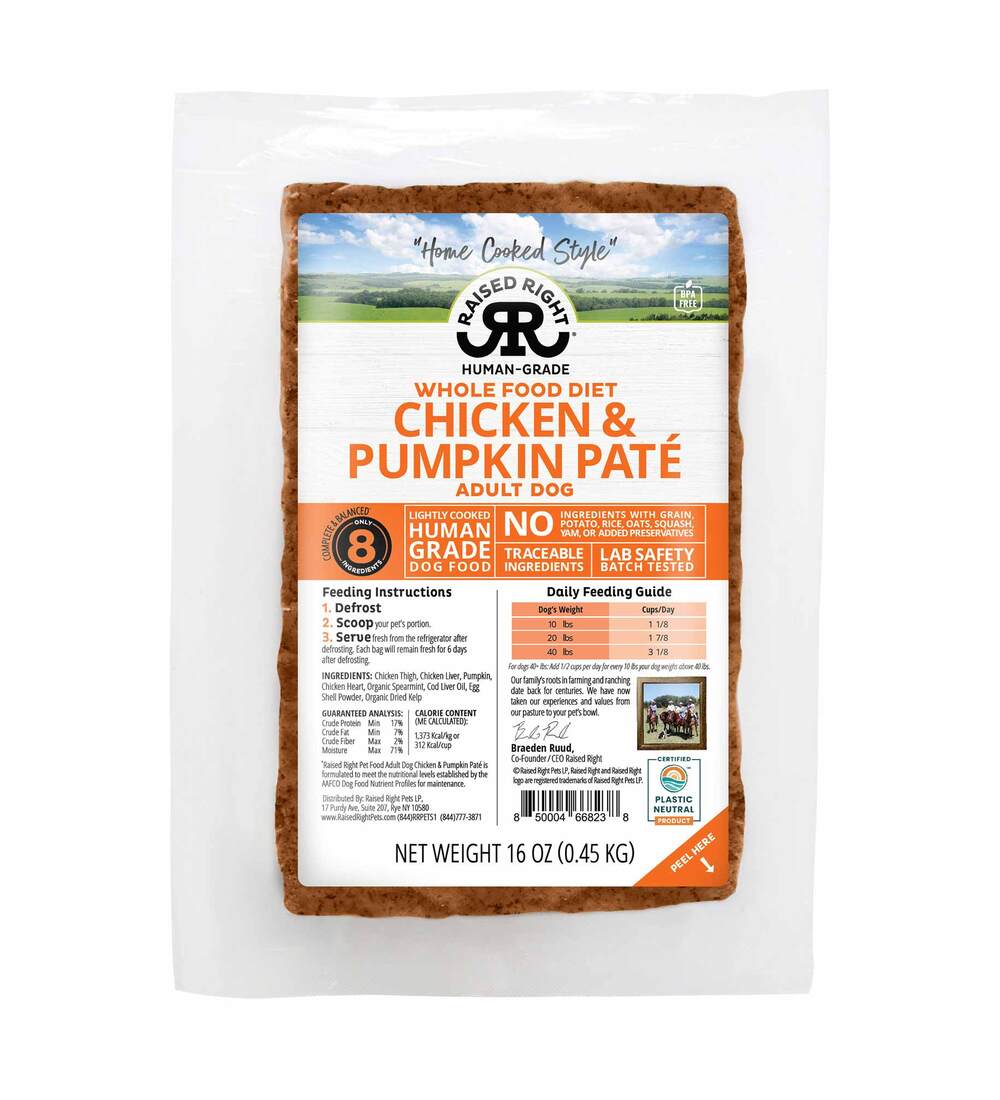Raised Right "Home Cooked Style" Adult Frozen Paté Dog Food, Chicken & Pumpkin, 1 Pound - Not Avail