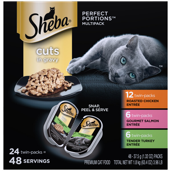Sheba Wet Cat Food, Perfect Portions Chicken, Turkey Salmon Variety Pack (24), 2.64 Ounces