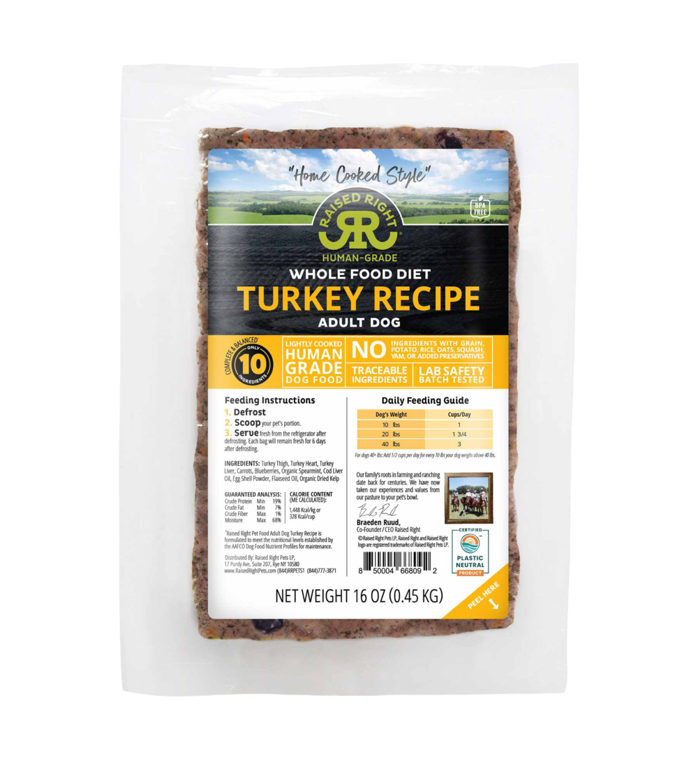 Raised Right "Home Cooked Style" Adult Frozen Dog Food, Original Turkey Recipe, 1 Pound - Not Availa