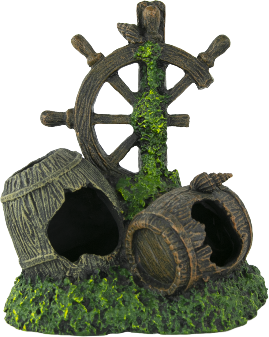 Fins First Aquarium Décor, Sunken Ship Wheel and Barrels, Medium