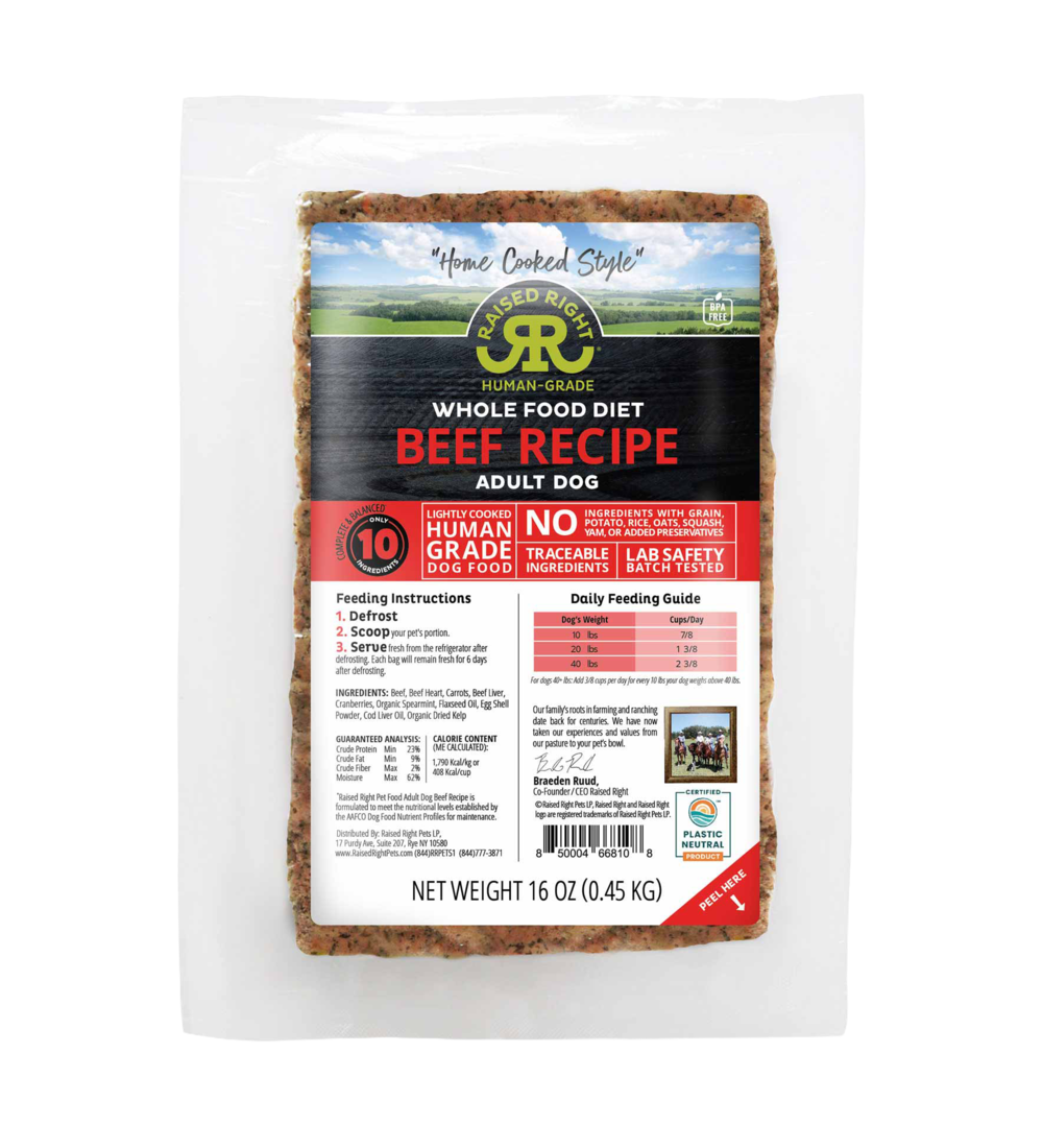 Raised Right "Home Cooked Style" Adult Frozen Dog Food, Original Beef Recipe, 1 Pound - Not Availab