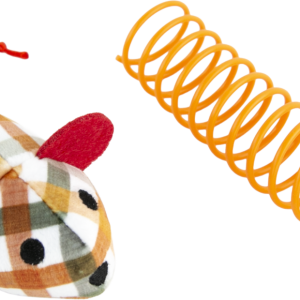 Play On Plush Plaid Mouse and Spring Cat Toy Set, 2 Count