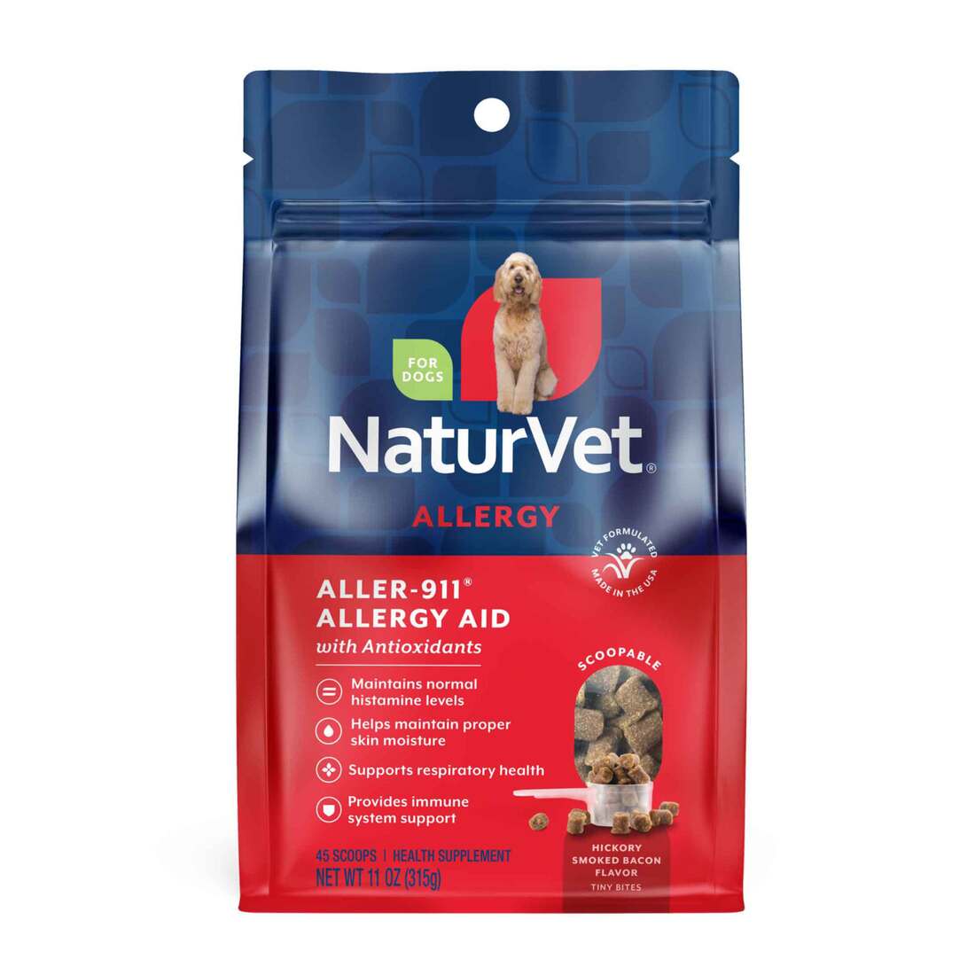 NaturVet Aller-911 Allergy Aid Supplements for Dogs, Hickory Smoked Bacon Flavor, 45 Scoopable Tiny