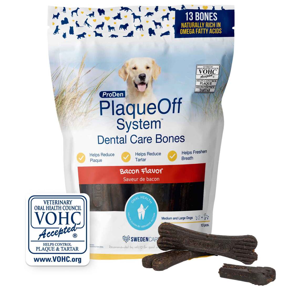 Proden PlaqueOff Dental Bone Dog Treat, Bacon Flavor, 17 Ounces, 13 Count