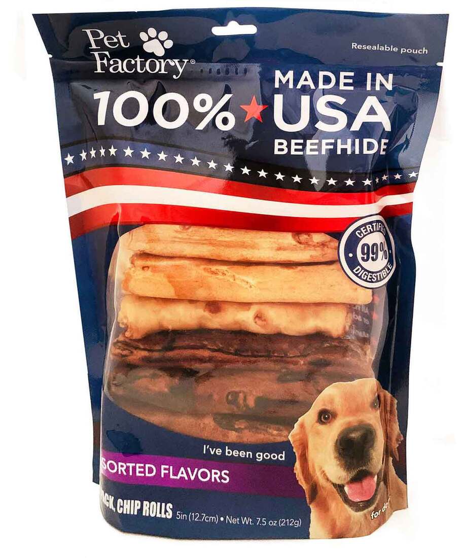 Pet Factory Beefhide Assorted Flavored (Beef & Chicken) Chip Rolls, 5 Inches (18 Pack)