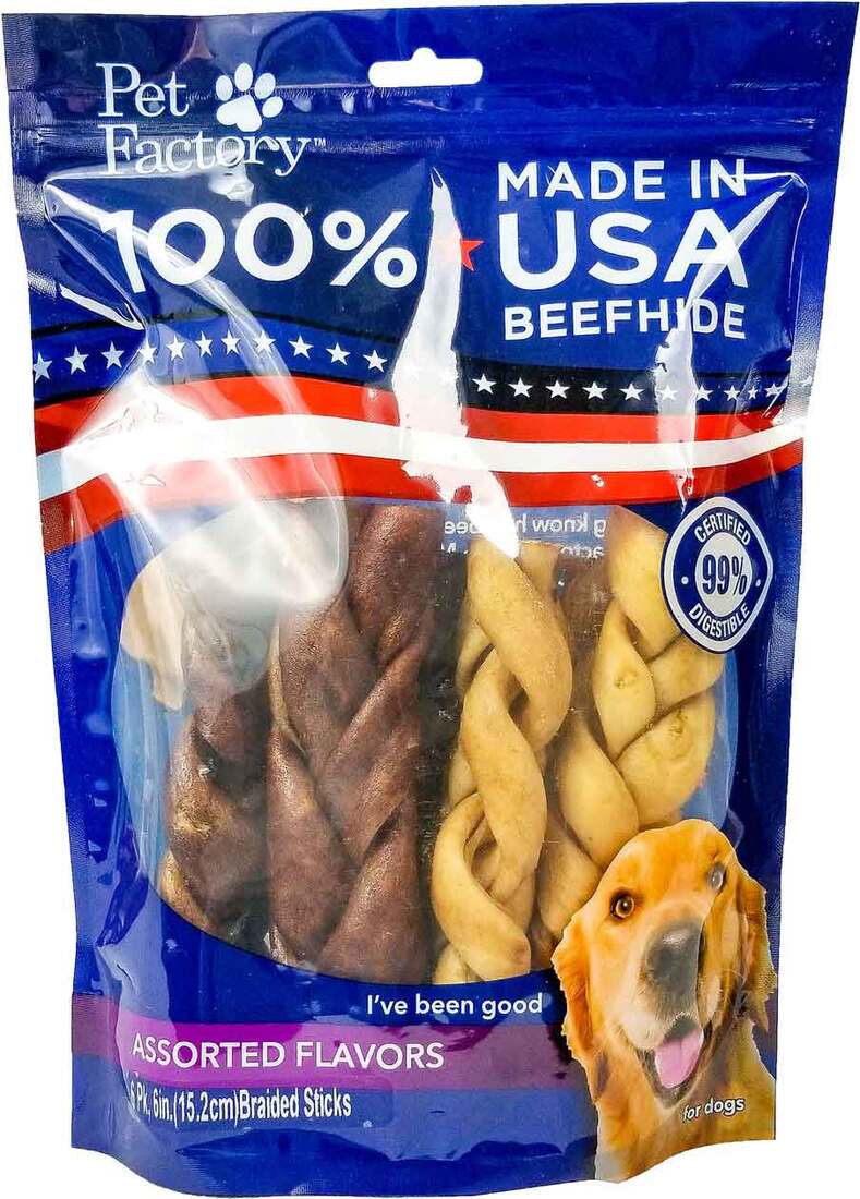 Pet Factory American Beefhide Assorted Flavor (Beef & Chicken) Braids, 6 Inches (6 Pack)