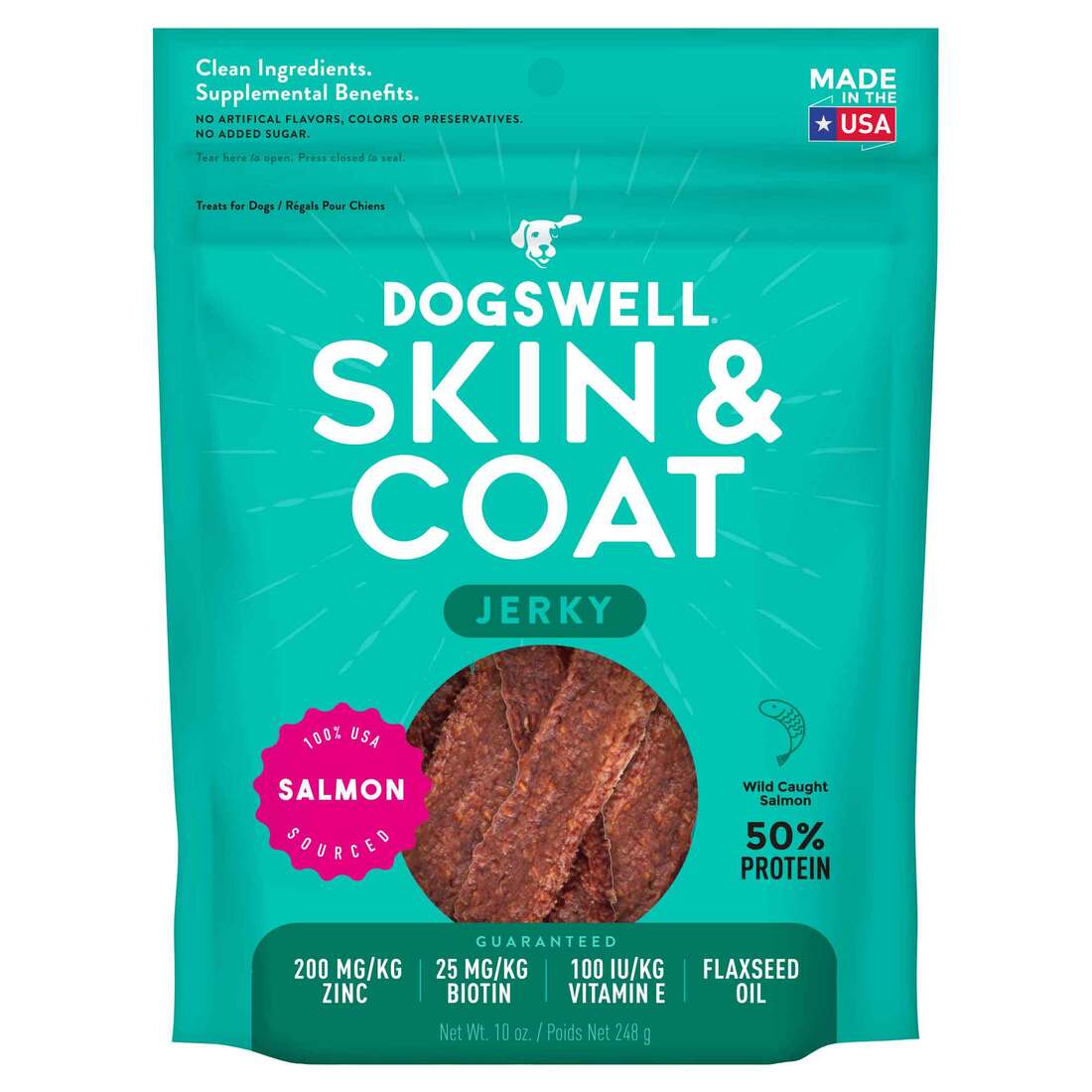 Dogswell Skin and Coat Jerky Dog Treats, Salmon, 10 Ounces