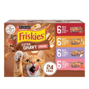 Purina Friskies Extra Gravy Chunky Wet Cat Food Variety Pack, Chicken, Turkey, Salmon, Beef - (24) 5