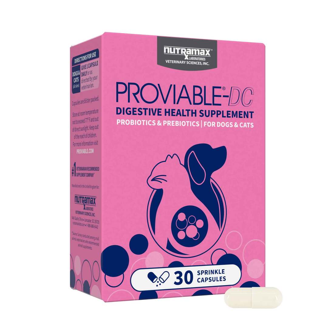 Nutramax Proviable Digestive Health Supplement Multi-Strain Probiotics and Prebiotics for Cats and D