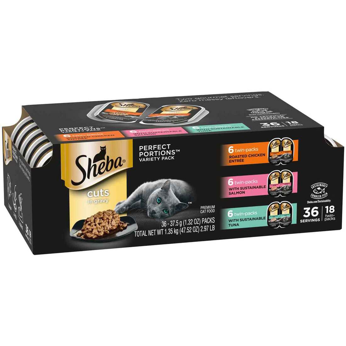 Sheba Perfect Portions Cuts Variety Pack Wet Cat Food, Chicken, Salmon, Tuna, 18 Count, 47.52 Ounces
