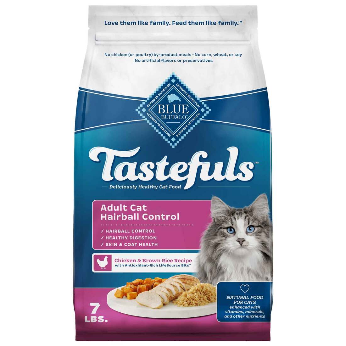 Blue Buffalo Tastefuls Adult Natural Hairball Control Dry Cat Food, Chicken & Brown Rice Recipe, 7 P