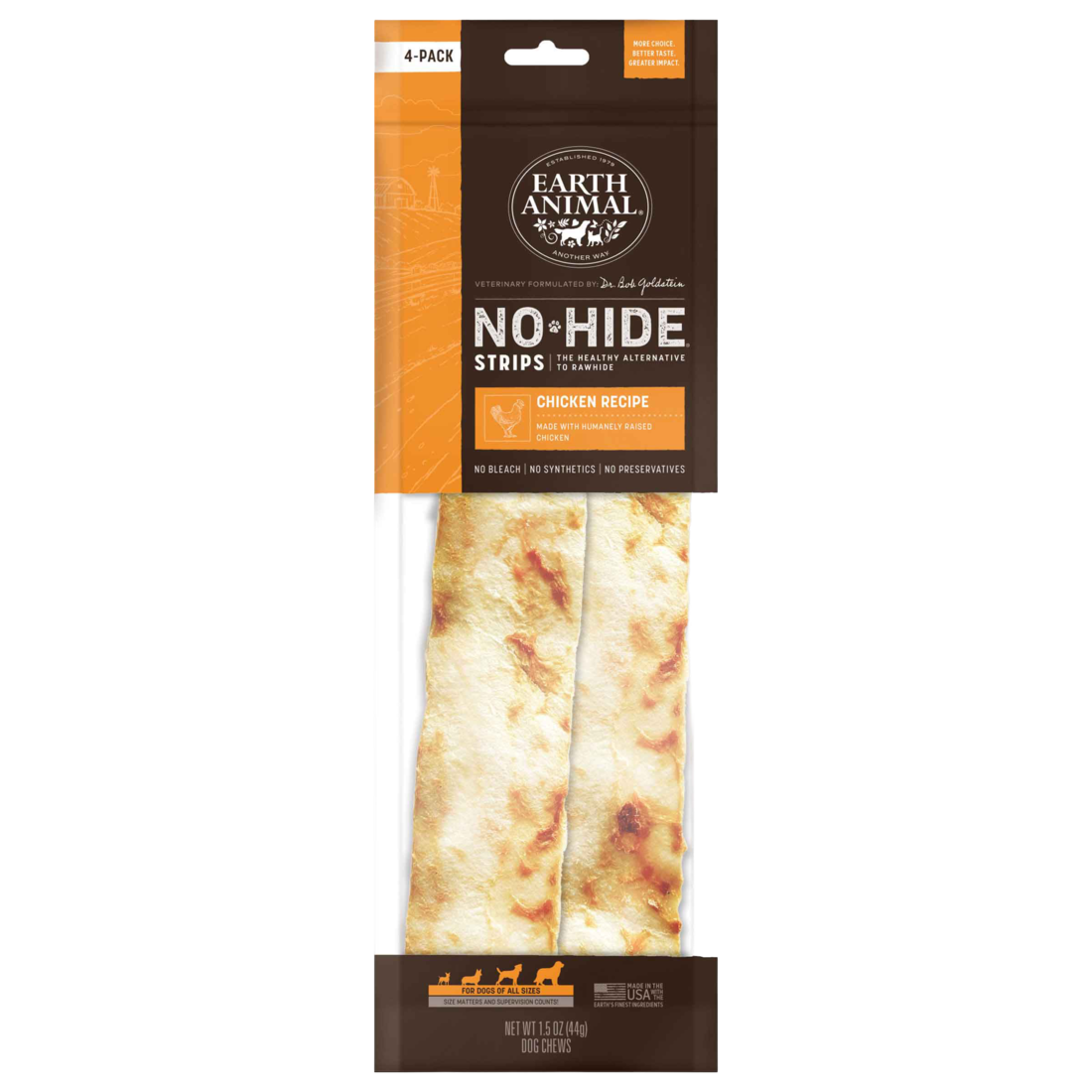 Earth Animal No-Hide Strips Chicken Recipe Natural Rawhide Alternative Dog Chew Treat, 4 Pack